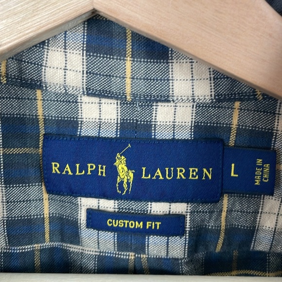 Ralph Lauren Men L Long Sleeve Button Down Plaid Blue Custom Fit Cotton Shirt - Picture 9 of 9
